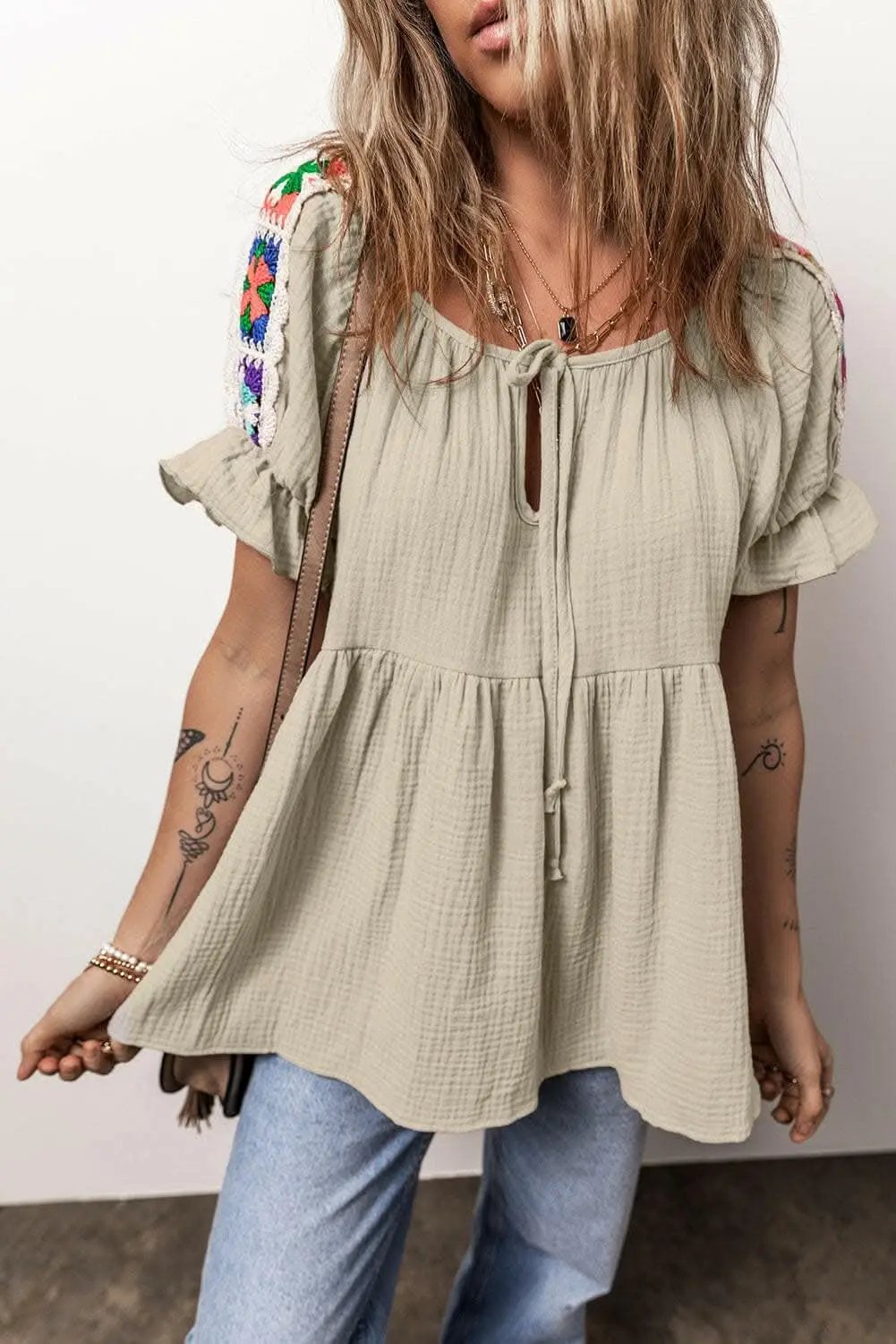 Embroidered tie neck blouse - cotton - Love Salve
